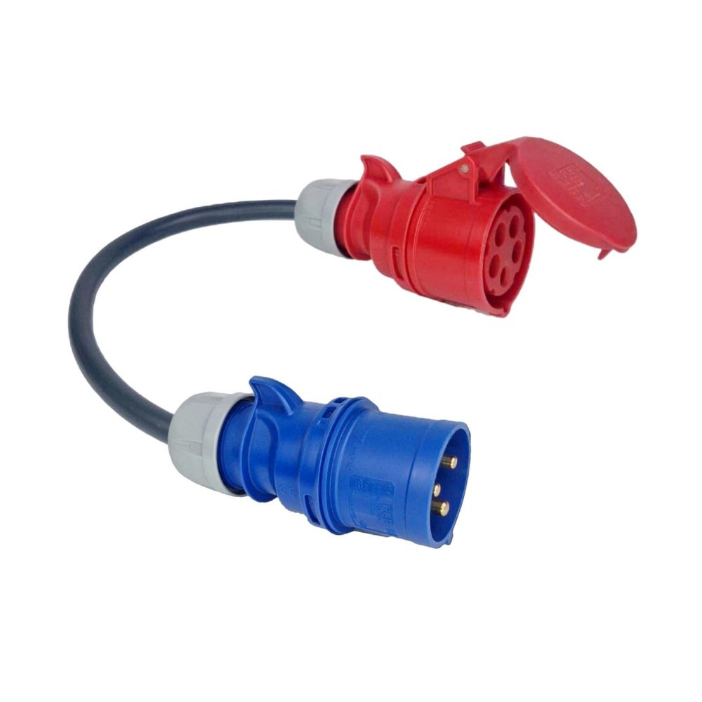 ADAPTADOR CEE 16A TRIFÁSICO – (11KW) FEMÊA – CEE 32A MONOFÁSICO – (7.4KW) MACHO