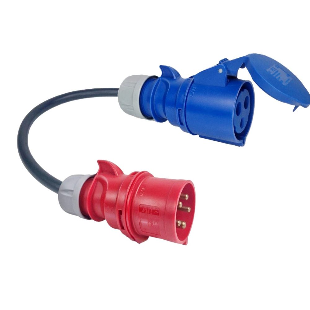 ADAPTADOR CEE 32A MONOFÁSICO - (7.4KW) FÊMEA - CEE 32A TRIFÁSICO - (22KW) MACHO