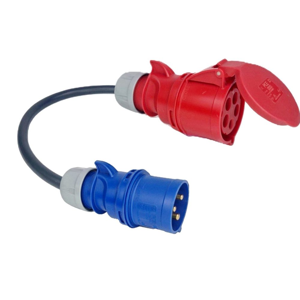 ADAPTADOR CEE 32A TRIFÁSICO – (22KW) FÊMEA – CEE 32A MONOFÁSICO – (7.4KW) MACHO